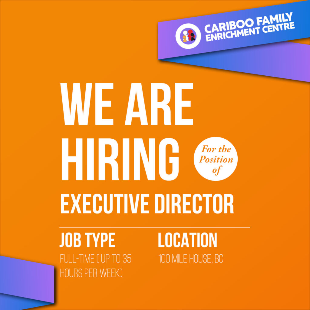 Text in image reads We Are Hiring for the Position of Executive Director. Job Type: Full Time, up to 35 hours per week. Location: 100 Mile House, BC.