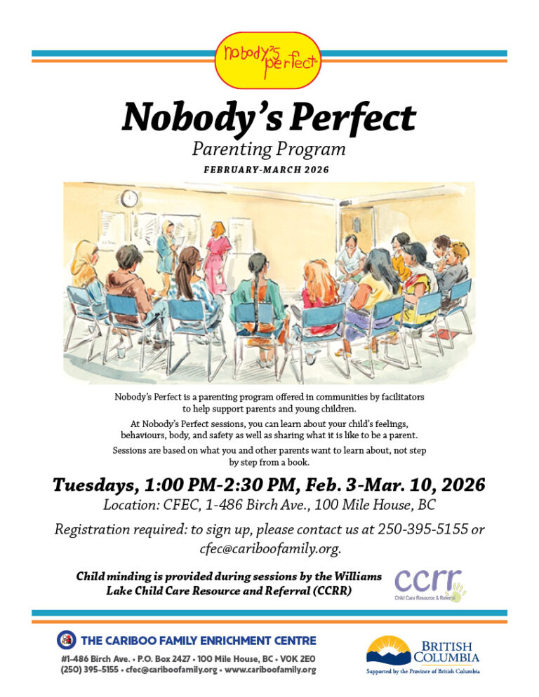 Image of a poster for a Nobody's Perfect event. The poster has an illustration of several parents sitting in chairs paying attention to two facilitators.