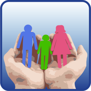 Illustration of a pair of hands held out cradling colourful figures representing a family.